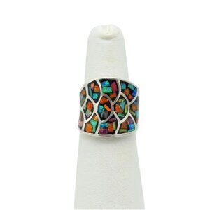 Vintage Ring Multi Color Opal Shell & Sterling Silver Ring